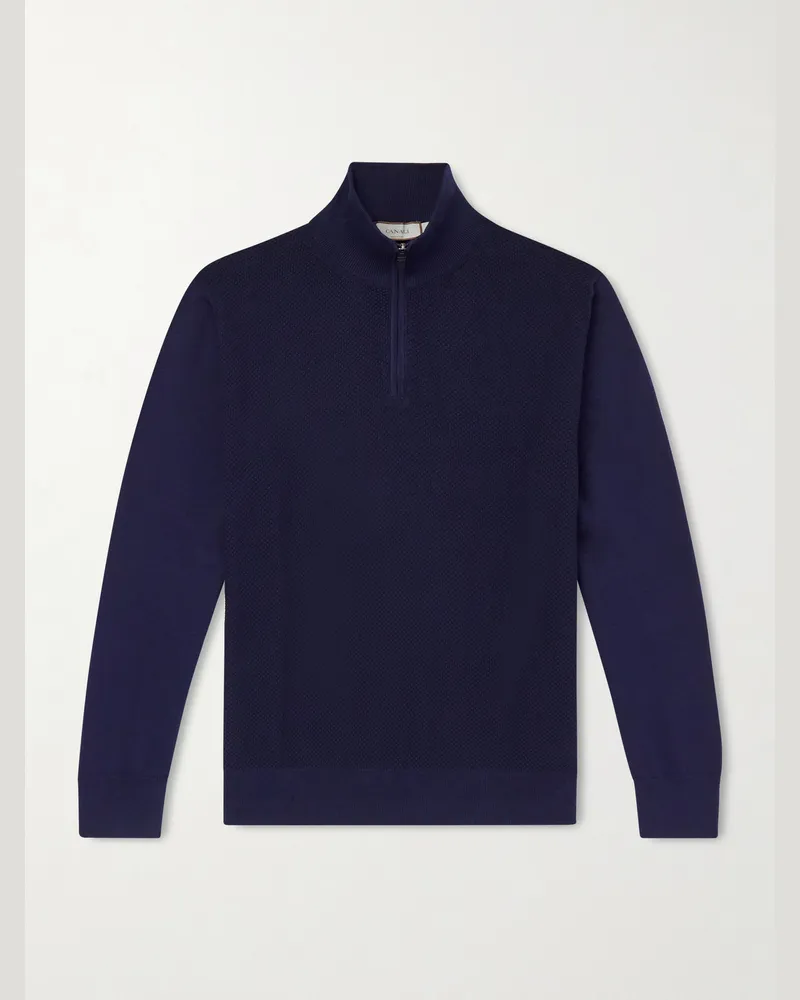 Canali Honeycomb-Knit Cotton Half-Zip Sweater Blue