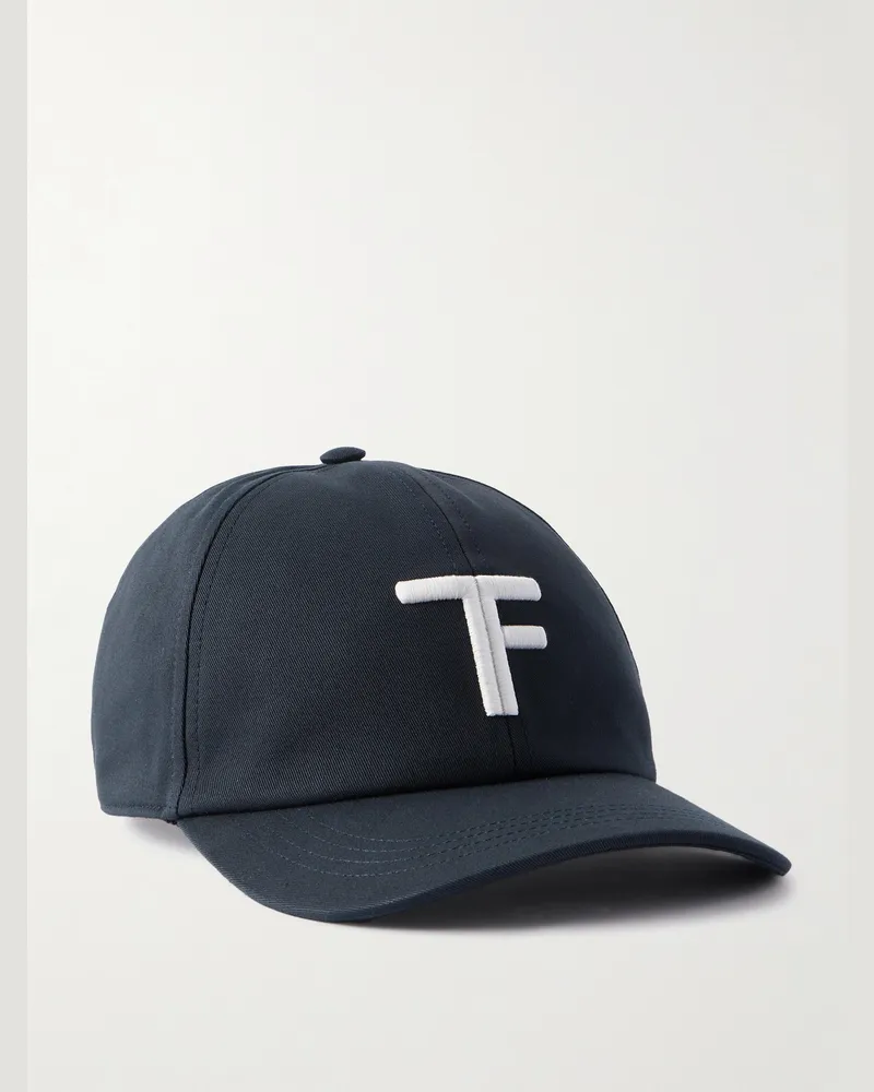 Tom Ford Baseballkappe aus Baumwoll-Twill mit Logostickerei und Lederbesatz Blau