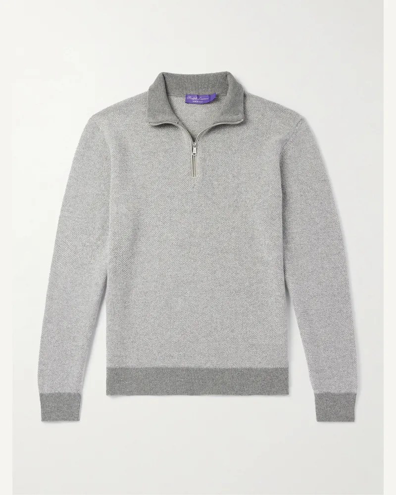 Ralph Lauren Slim-Fit Suede-Trimmed Cashmere Half-Zip Sweater Gray