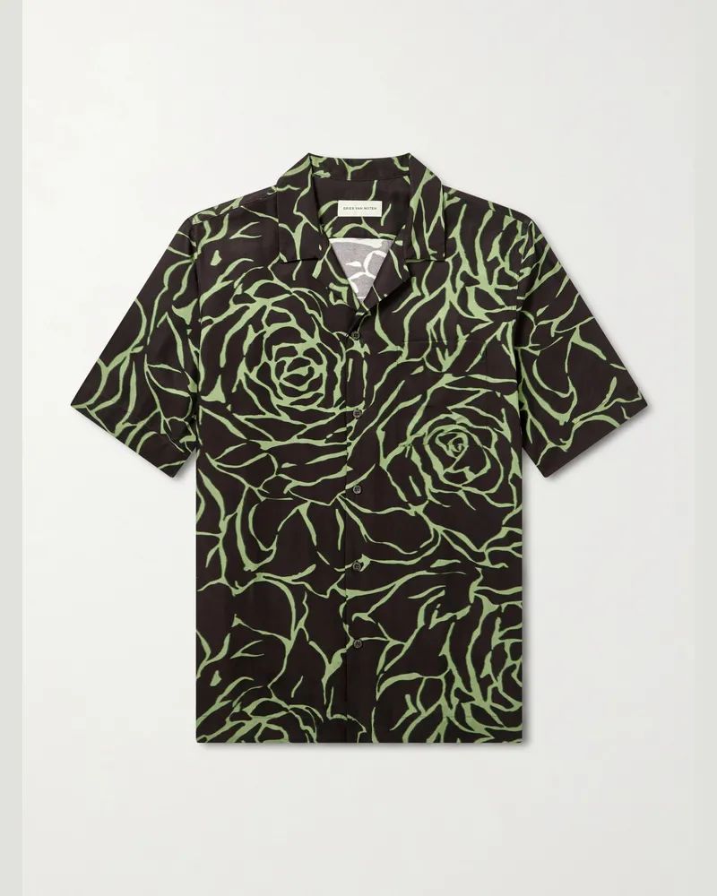 Dries van Noten Camp-Collar Printed Twill Shirt Green