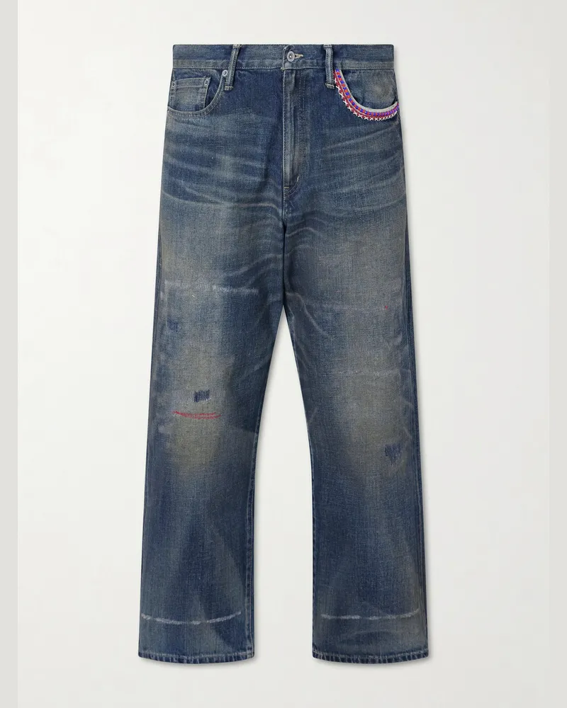 Neighborhood Savage Wide-Leg Bead-Embellished Distressed Jeans Blue