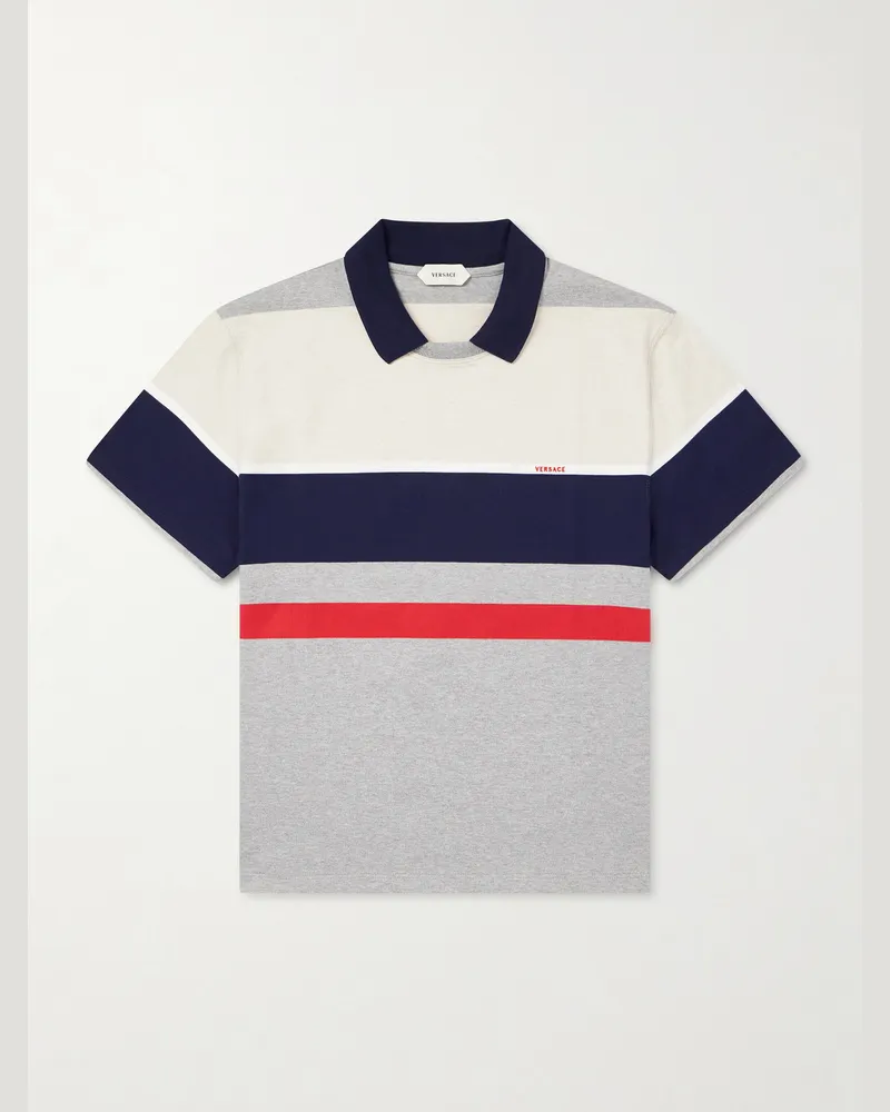 Versace Logo-Embroidered Striped Cotton-Jersey Polo Shirt White
