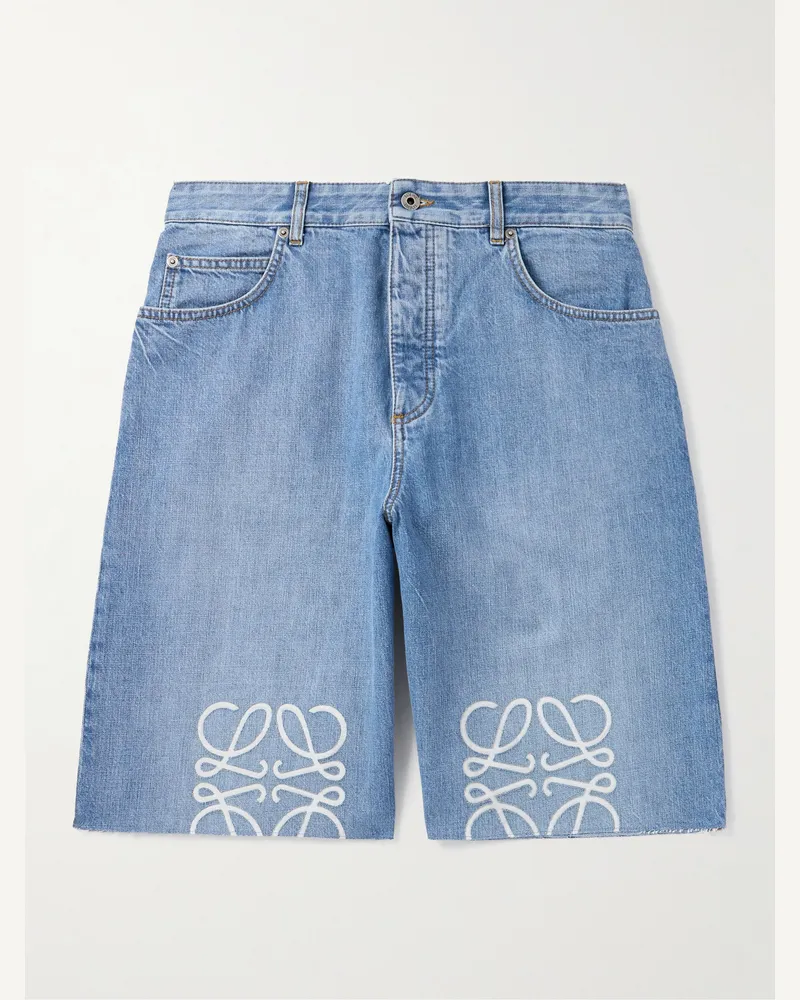 Loewe Anagram gerade geschnittene Jeansshorts mit Logoapplikationen und Fransen Blau