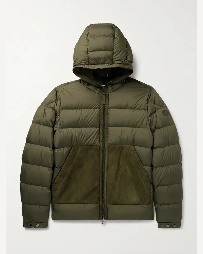 Moncler Tuffes schmal geschnittene Daunenjacke aus gestepptem Shell mit Kapuze und Velourslederbesatz Grün