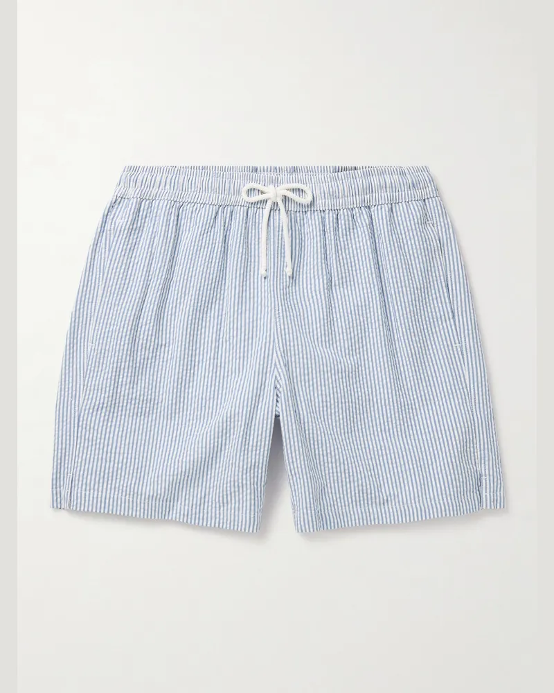 Anderson & Sheppard Straight-Leg Striped Seersucker Swim Shorts Blue