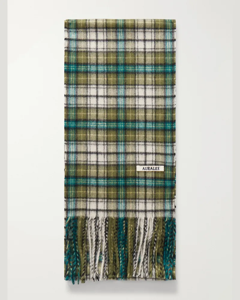 AURALEE Fringed Checked Cashmere Scarf Green