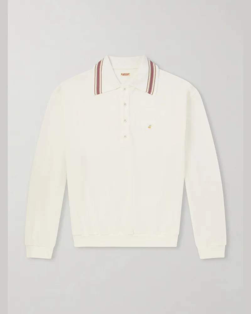 KAPITAL Box Pullover aus Baumwoll-Piqué mit Polokragen, Stickerei und Streifen Weiß