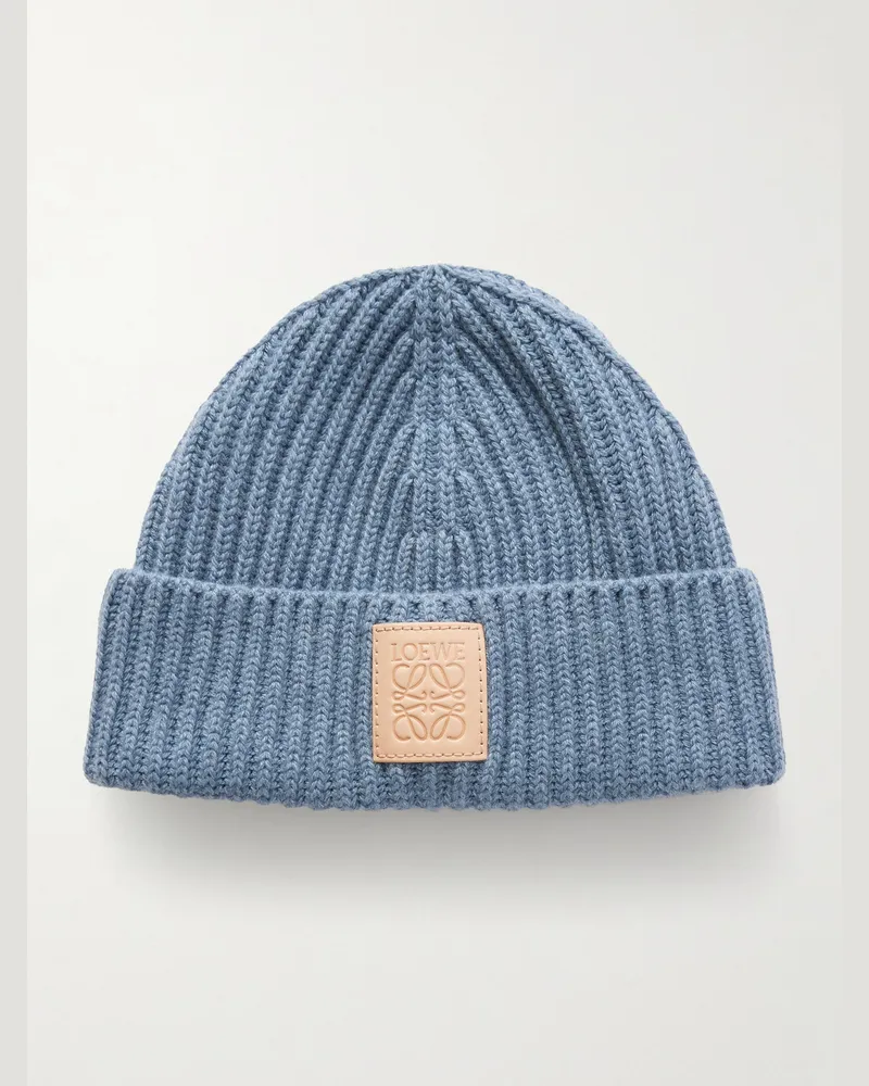 Loewe Logo-Appliquéd Ribbed Cashmere Beanie Blue