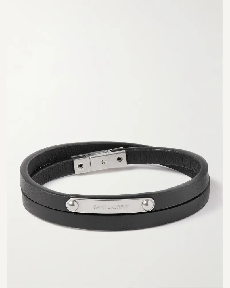 Saint Laurent Wickelarmband aus Leder mit silberfarbenen Details Schwarz