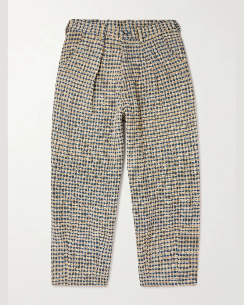 STORY mfg. Lush Barrel-Leg Pleated Checked Organic Cotton Trousers Brown