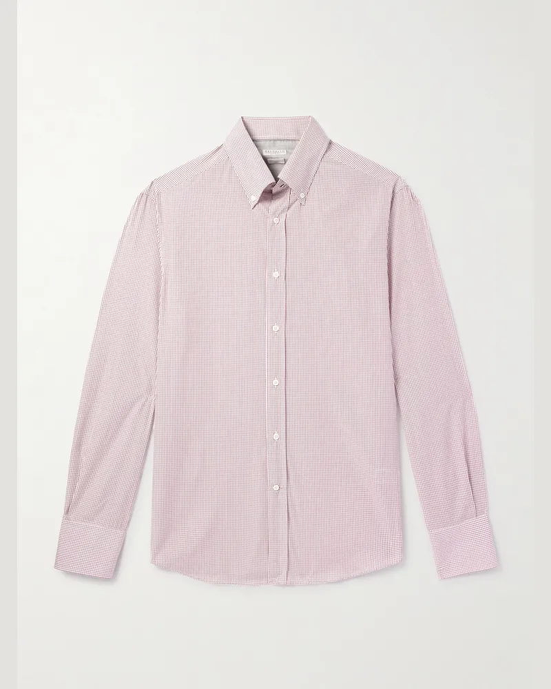 Brunello Cucinelli Schmal geschnittenes Hemd aus karierter Baumwollpopeline mit Button-Down-Kragen Burgunder