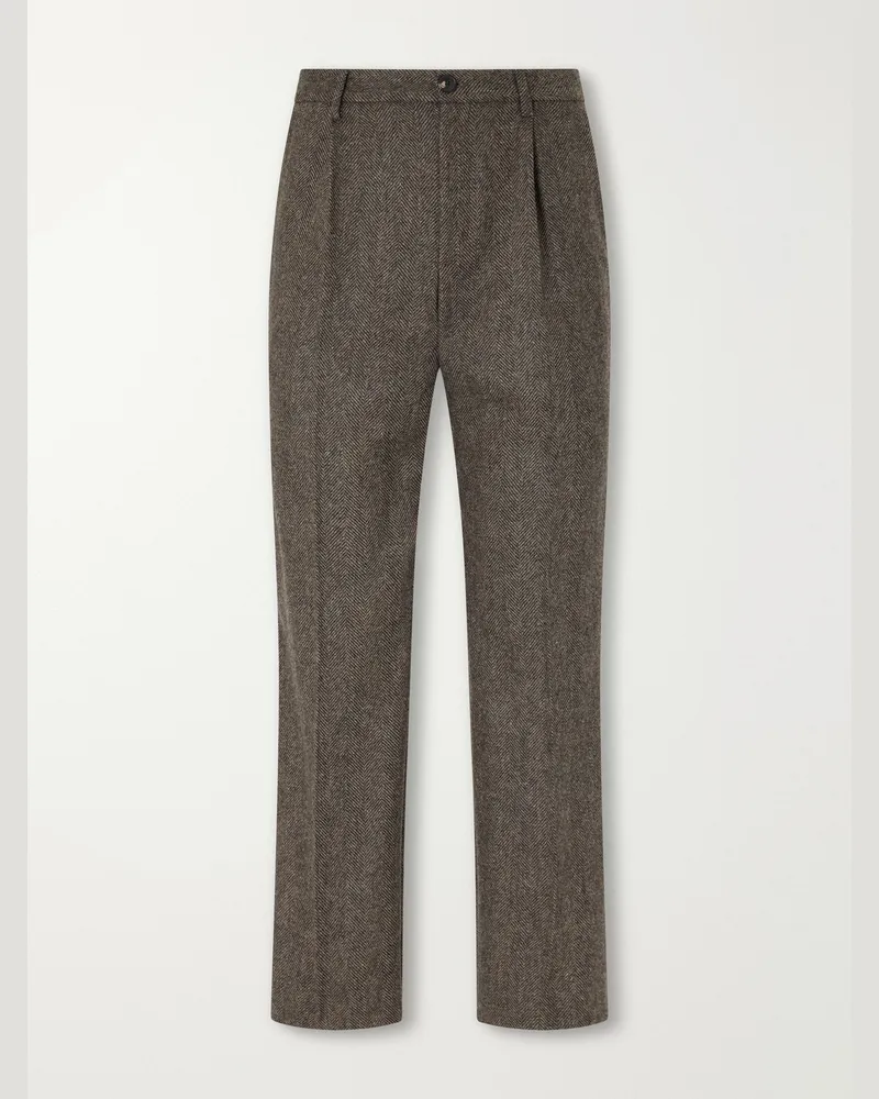 Portuguese Flannel Straight-Leg Pleated Wool Herringbone Trousers Brown