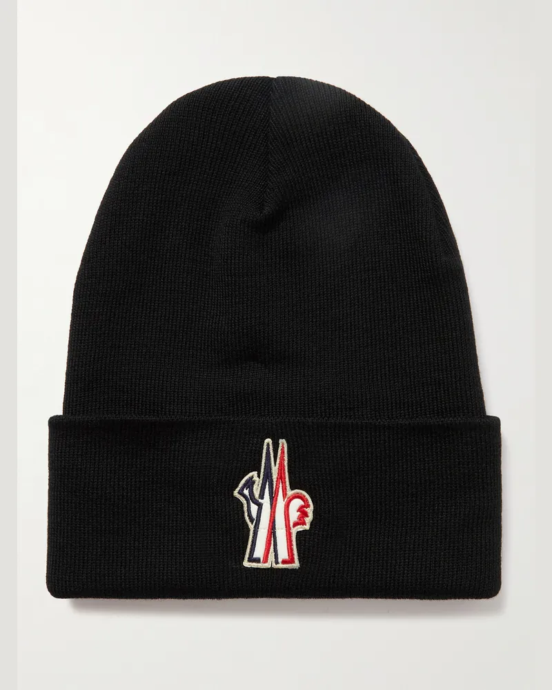 Moncler Beanie aus Wolle in Rippstrick mit Logoapplikation Schwarz