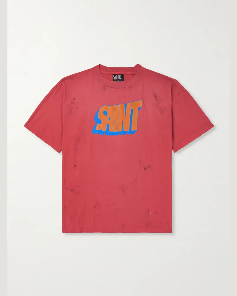 SAINT MXXXXXX Logo-Print Distressed Cotton-Jersey T-Shirt Red