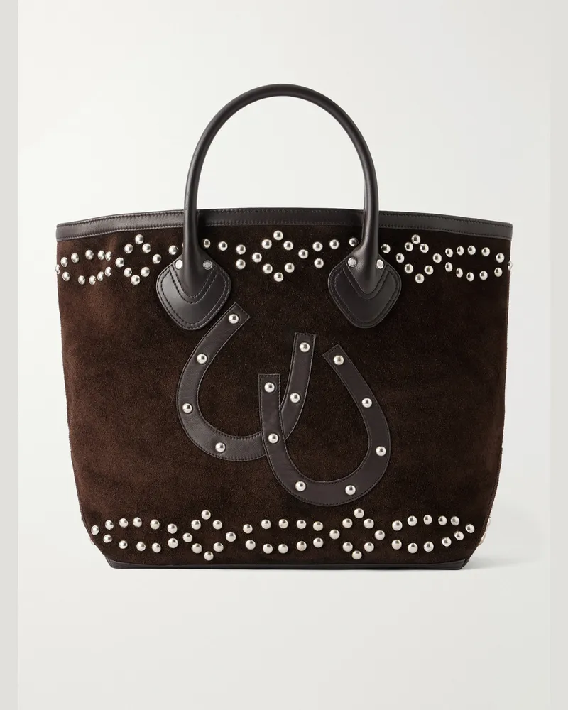 BODE Studded Leather-Trimmed Suede Tote Bag Brown