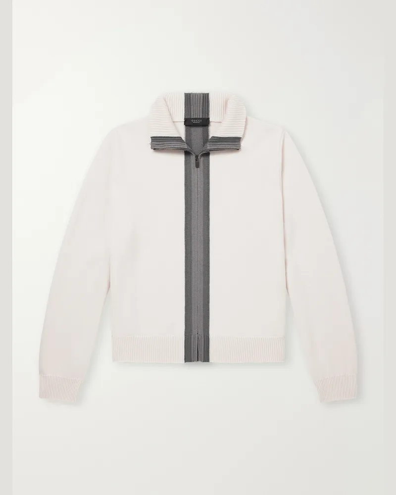 Gucci Web-Intarsia Wool Zip-Up Sweater White
