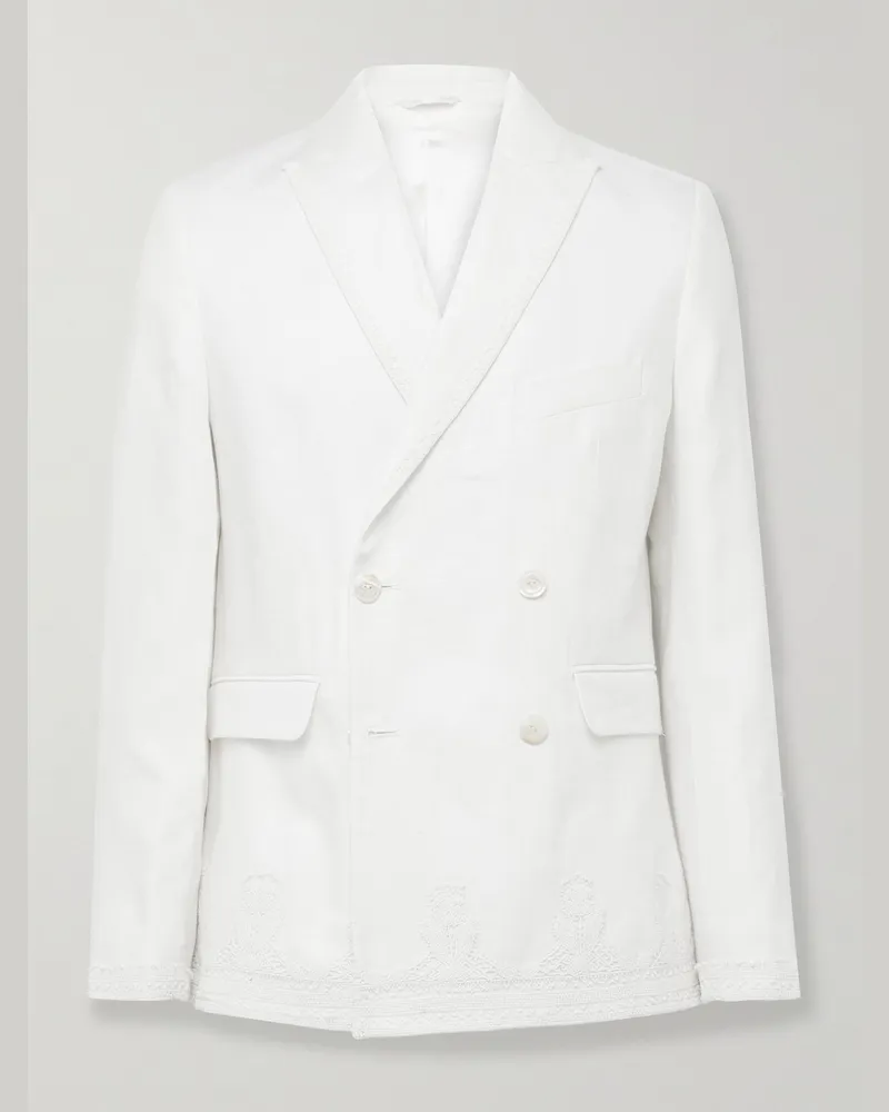 BODE Marsh Double-Breasted Embellished Tulle-Trimmed Linen Suit Jacket White