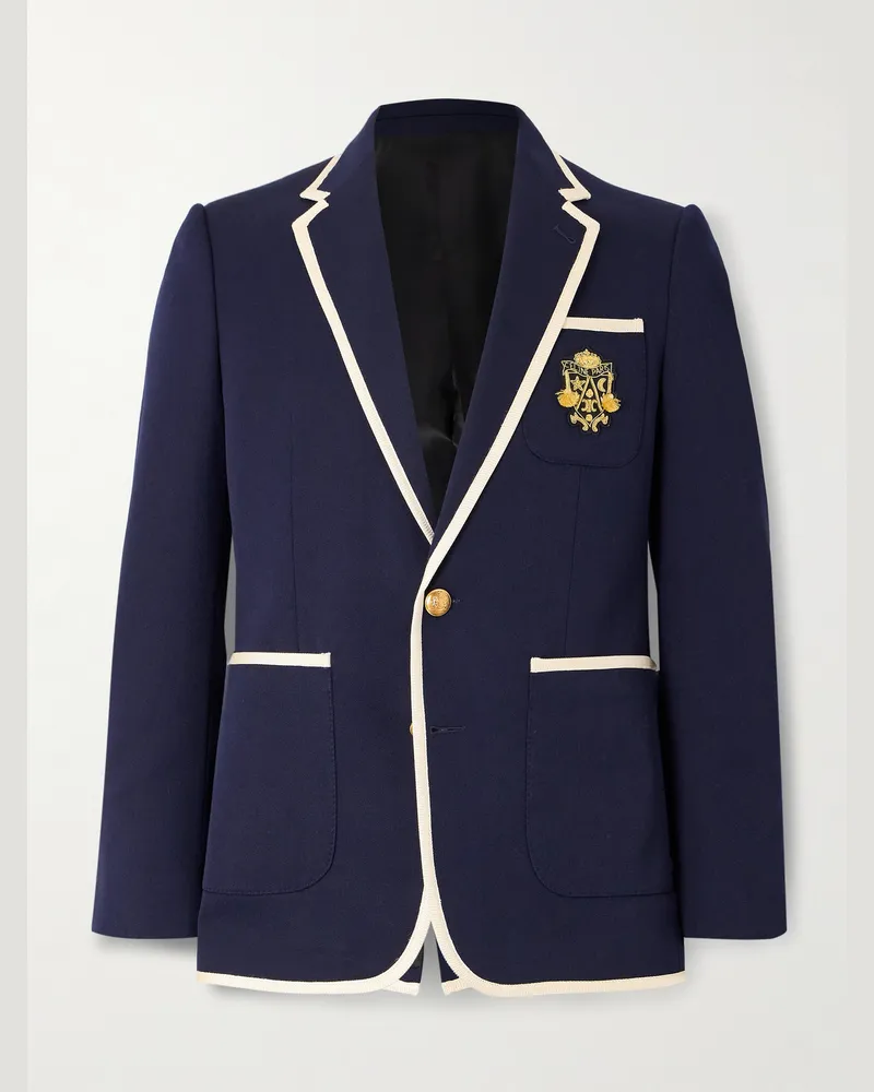 Celine Schmal geschnittenes Sakko aus Woll-Twill mit Einfassungen und Logoapplikation Blau