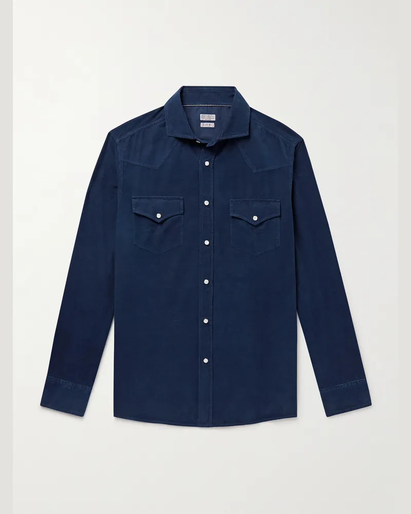 Brunello Cucinelli Western-Hemd aus Baumwollcord mit Cutaway-Kragen Blau
