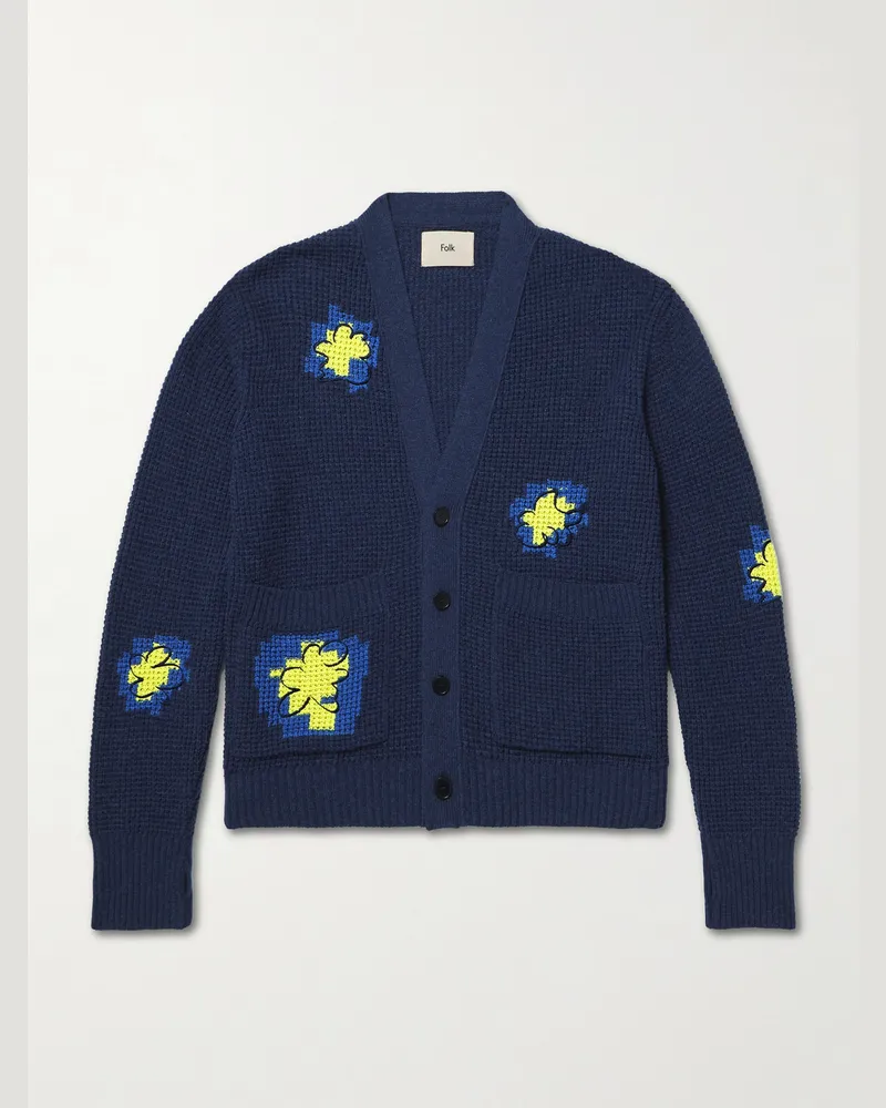 Folk Embroidered Waffle-Knit Cardigan Blue