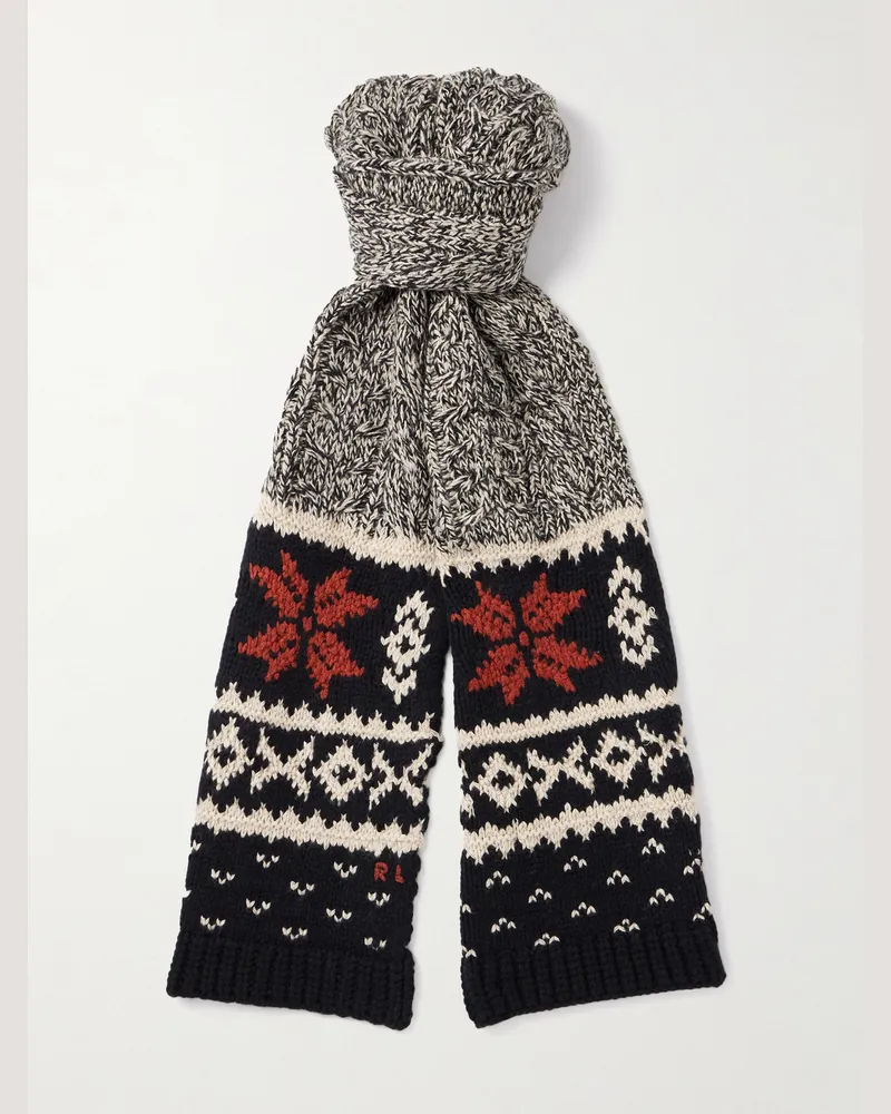 Ralph Lauren Cable-Knit and Fair Isle Wool, Cotton and Linen-Blend Scarf Black
