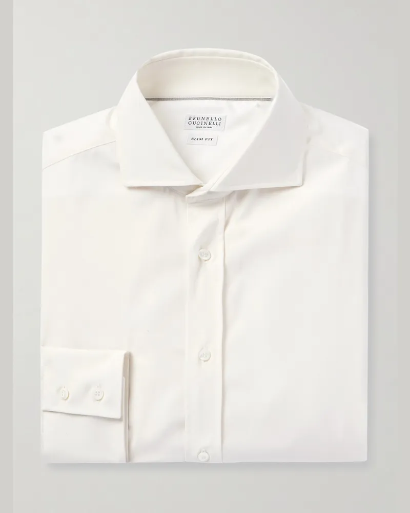Brunello Cucinelli Cutaway-Collar Virgin Wool Shirt White