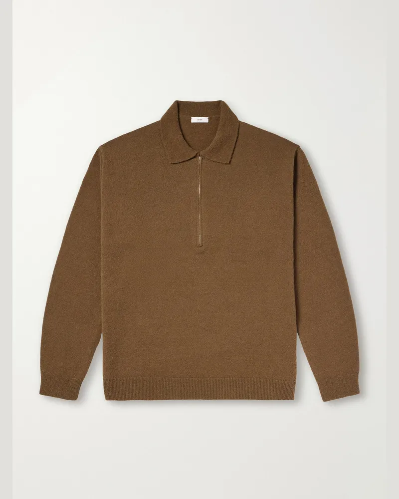 ATON Wool-Blend Half-Zip Polo Sweater Brown