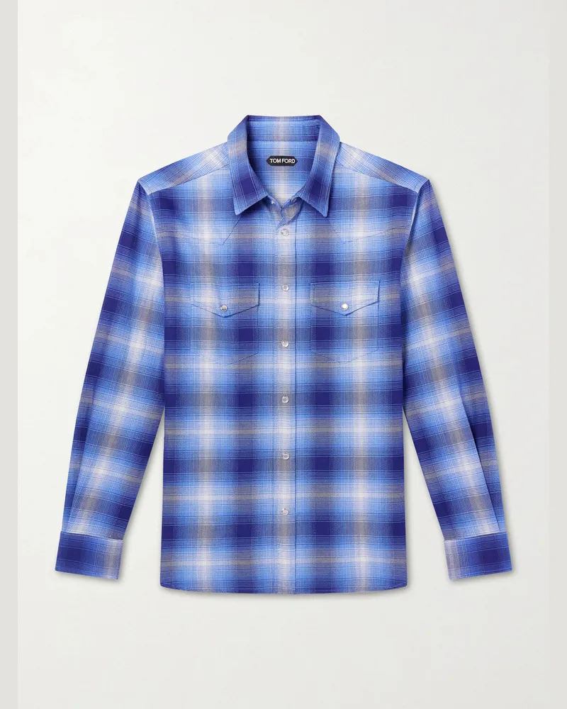 Tom Ford Schmal geschnittenes kariertes Hemd aus Baumwollflanell Blau