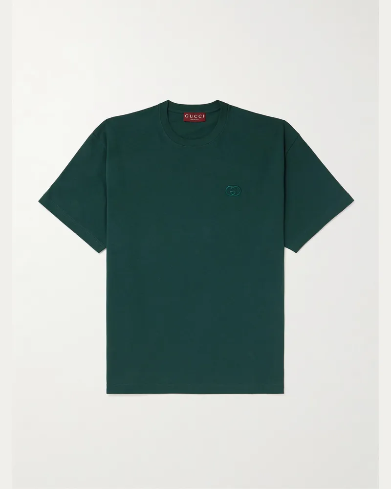 Gucci Logo-Embroidered Cotton-Jersey T-Shirt Green