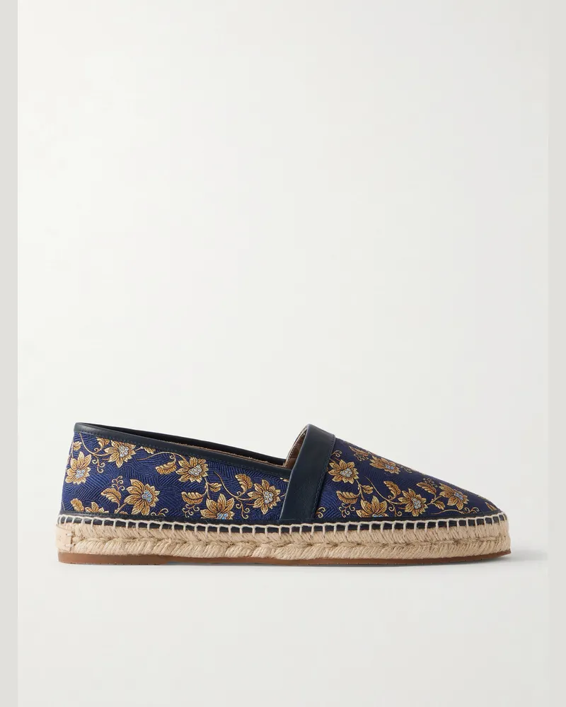 Manolo Blahnik Nerano Leather-Trimmed Silk-Jacquard Espadrilles Blue