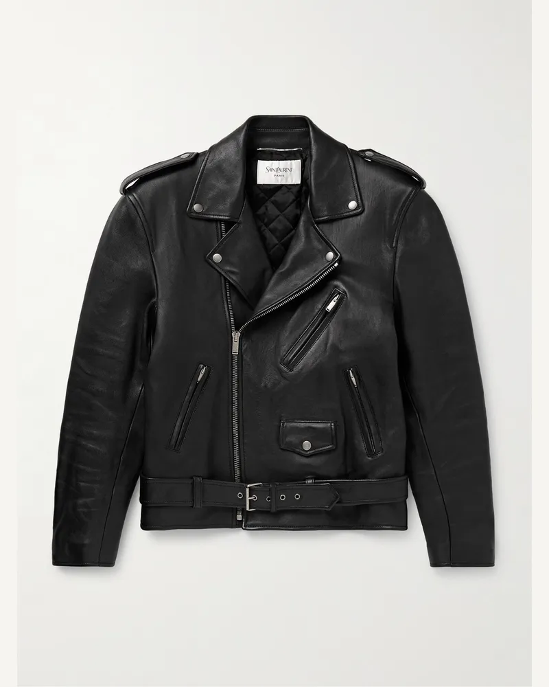 Saint Laurent Bikerjacke aus Leder mit Gürtel Schwarz