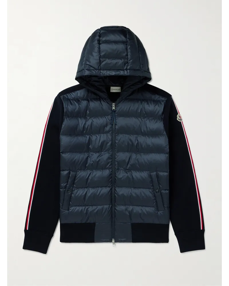 Moncler Cardigan aus gestepptem Shell mit Daunenfüllung und Schurwolle mit Logoapplikation Blau