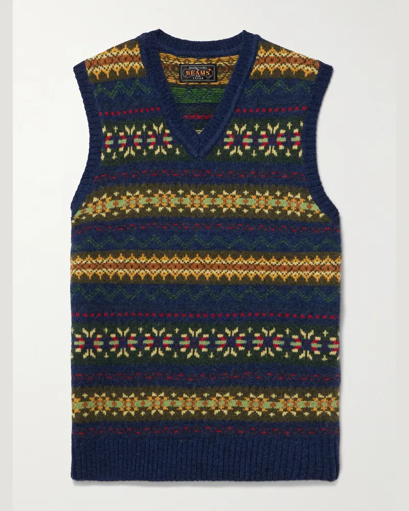 Beams Plus Ärmelloser Pullover aus einer Wollmischung mit Fair-Isle-Muster Blau