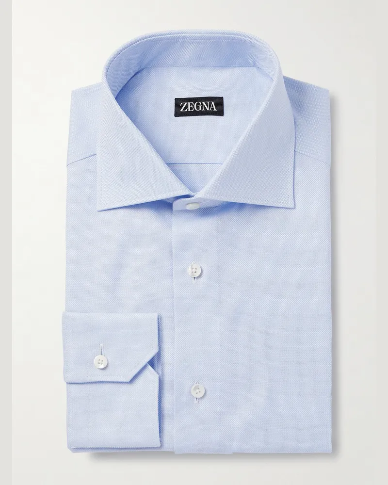 Ermenegildo Zegna Cutaway-Collar Textured-Cotton Shirt Blue