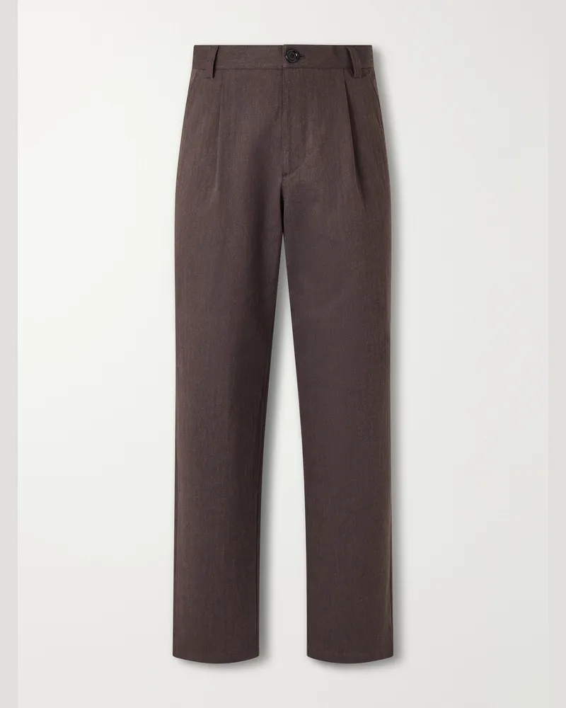 Oliver Spencer Morton Straight-Leg Pleated Herringbone Stretch-Cotton Suit Trousers Brown