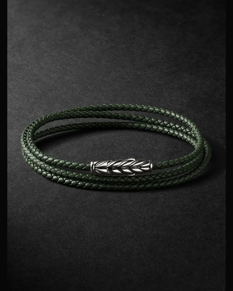 David Yurman Chevron Wickelarmband aus geflochtenem Leder mit Detail aus Sterlingsilber Grün