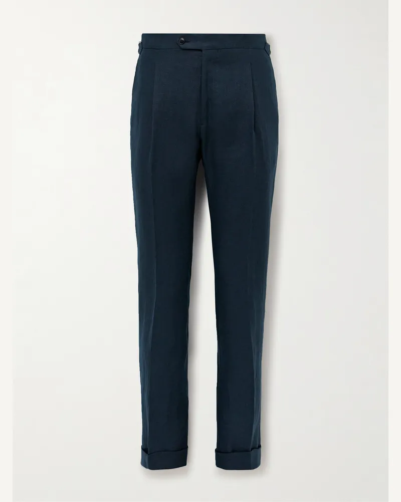 SAMAN AMEL Slim-Fit Pleated Linen Suit Trousers Blue