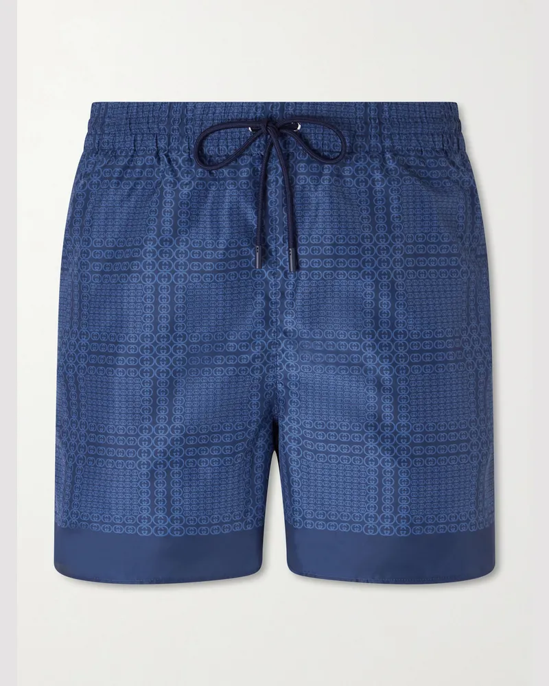 Gucci Straight-Leg Mid-Length Logo-Print Swim Shorts Blue