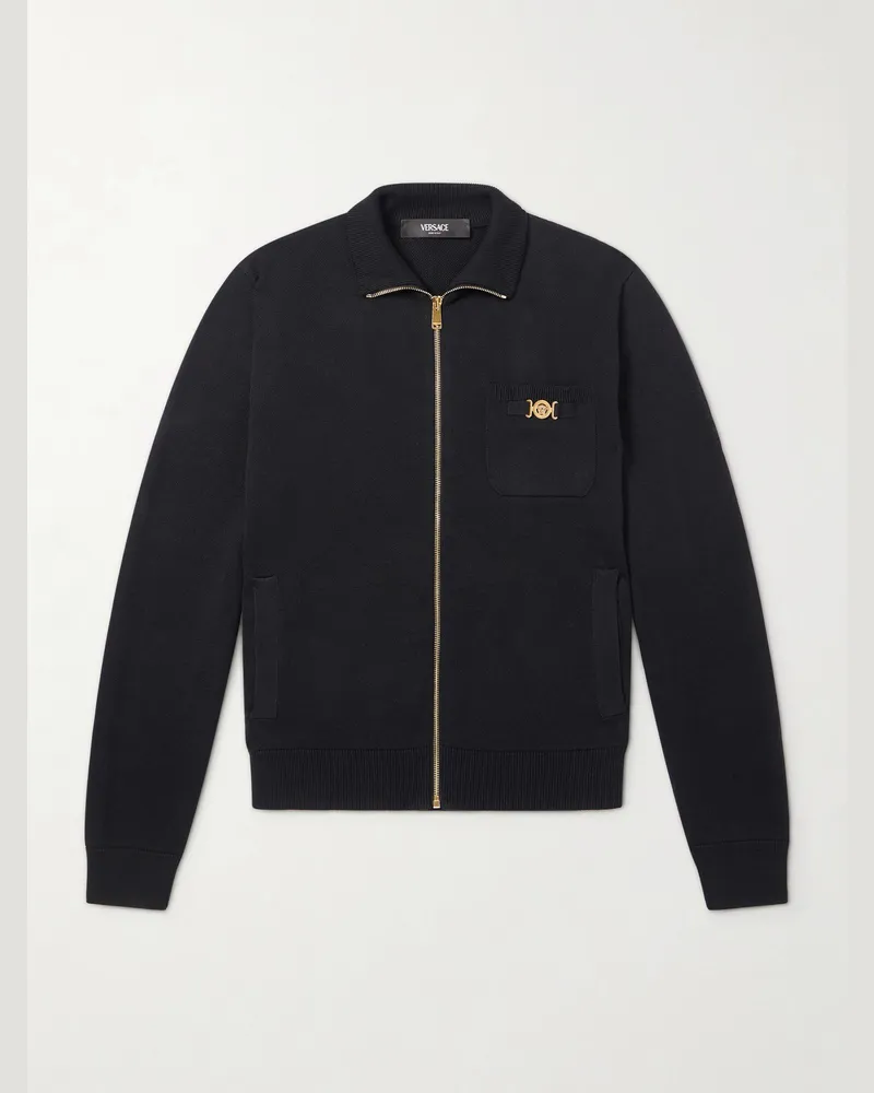 Versace Pullover aus einer Baumwollmischung mit Reißverschluss und Verzierung Schwarz