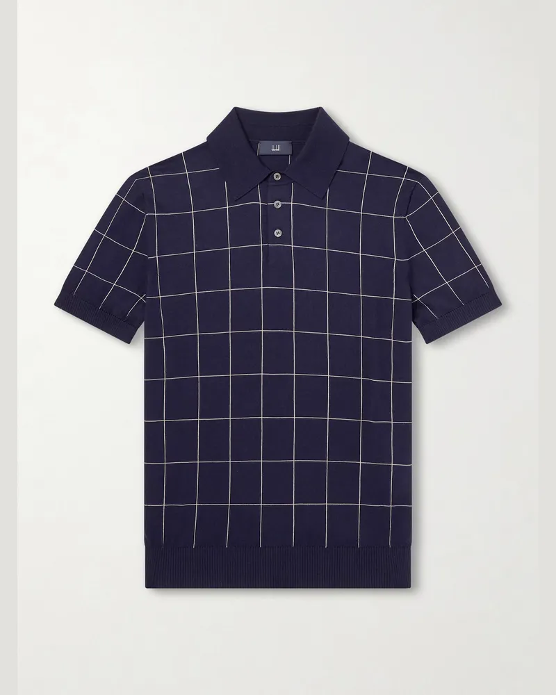 Dunhill Checked Cotton and Mulberry Silk-Blend Jacquard Polo Shirt Blue