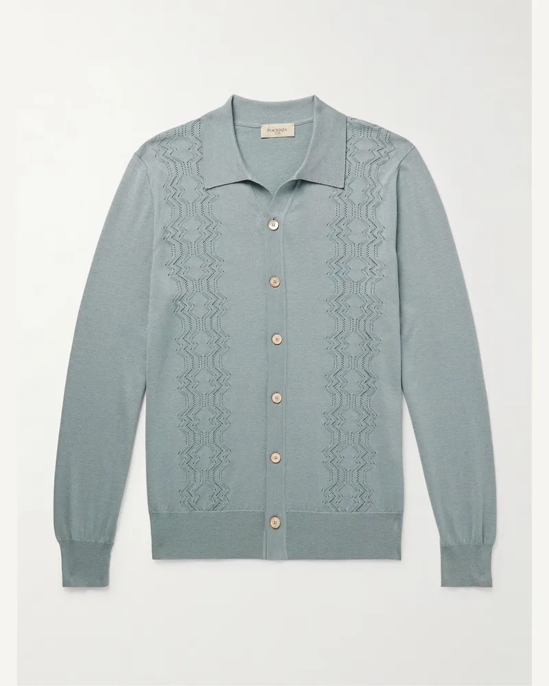 PIACENZA 1733 Schmal geschnittener Cardigan aus einer Baumwoll-Seidenmischung in Pointelle-Strick Blau