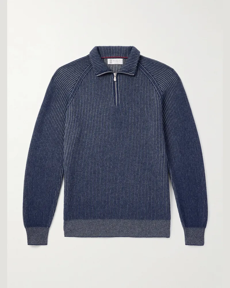 Brunello Cucinelli Gestreifter Pullover aus Kaschmir in Rippstrick mit kurzem Reißverschluss Blau