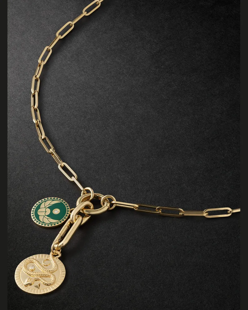 FOUNDRAE Classic 18-Karat Gold, Diamond and Enamel Chain Necklace Green