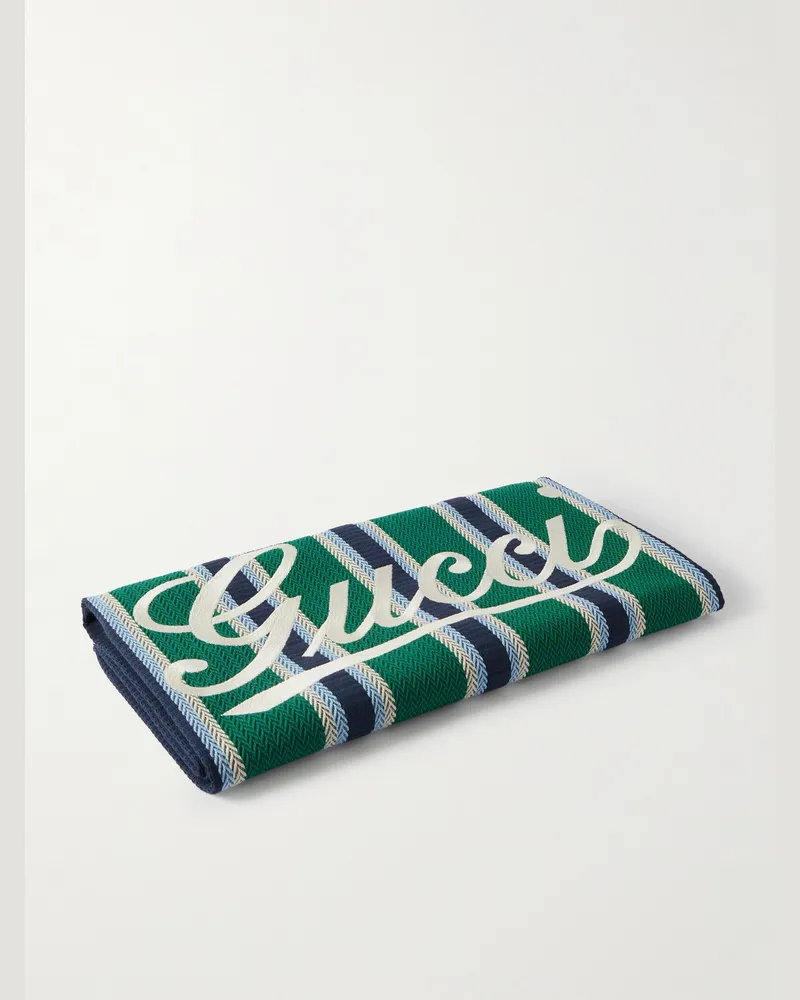 Gucci Gestreifter Schal aus Baumwolle mit Fischgratmuster und Logostickerei Grün