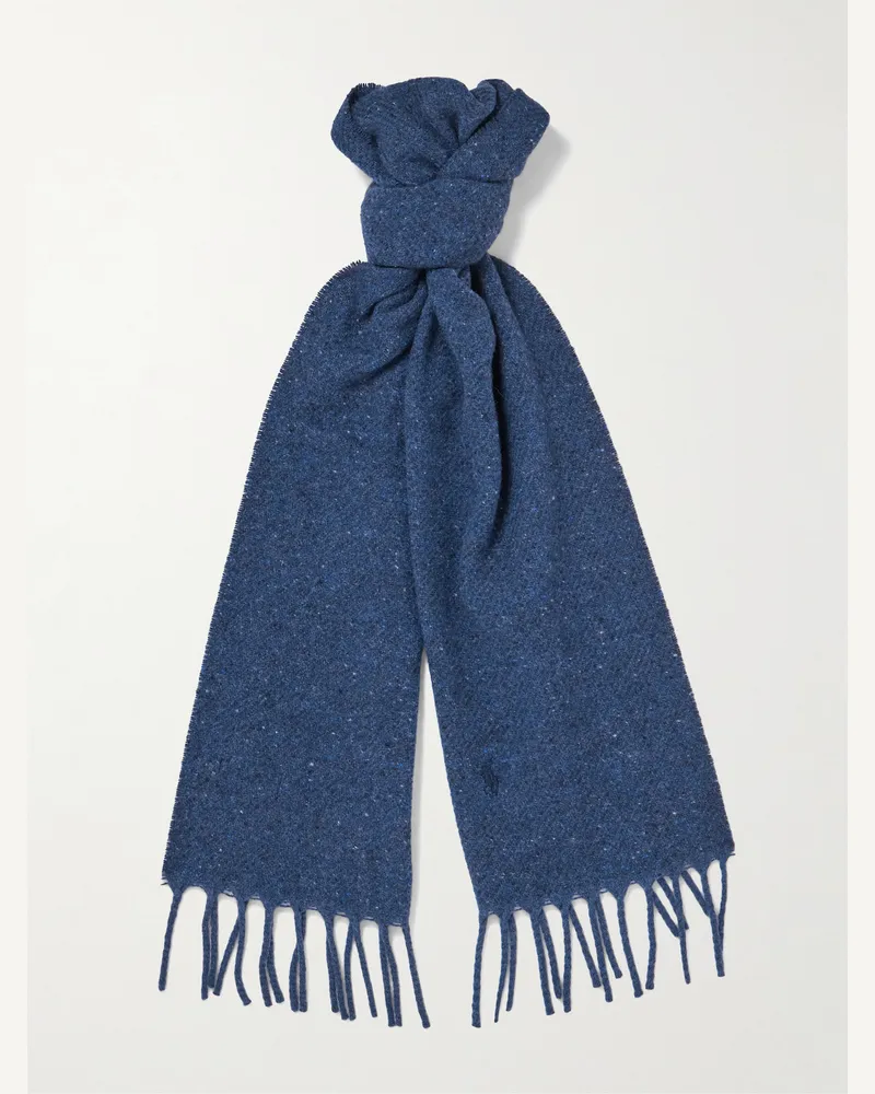 Ralph Lauren Logo-Embroidered Fringed Wool-Blend Scarf Blue