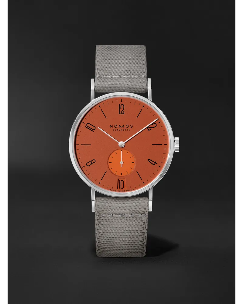 NOMOS Glashütte Tangente 38 Date Poporange – 37,5 mm Uhr aus Edelstahl mit Handaufzug und Textilarmband in limitierter Auflage, Ref.-Nr.: 179.S13 Orange