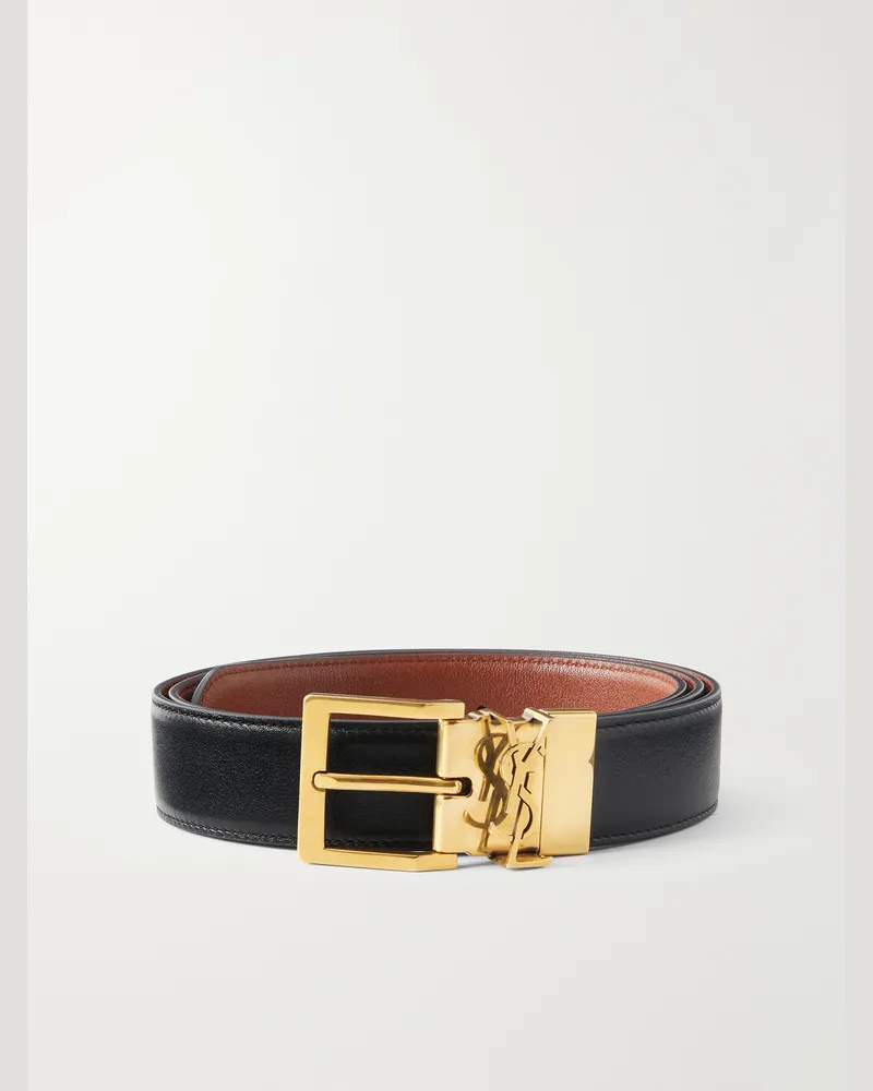 Saint Laurent 3cm Cassandre-Embellished Reversible Leather Belt Black