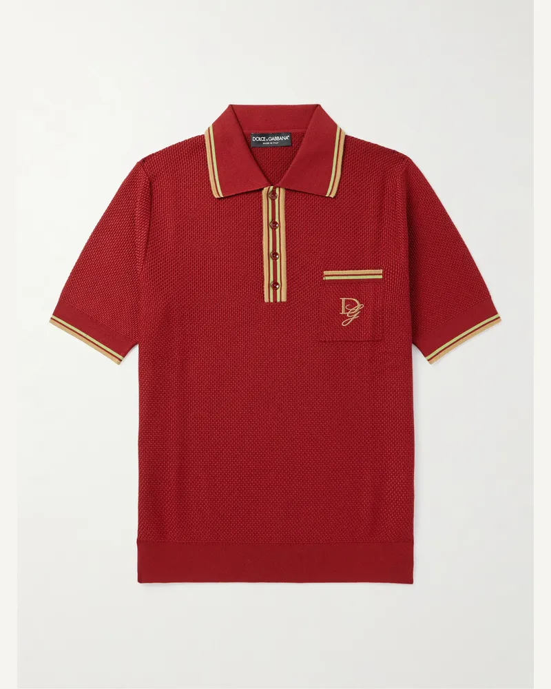 Dolce & Gabbana Polohemd aus Seide mit Streifen und Logostickerei in Panamabindung Rot
