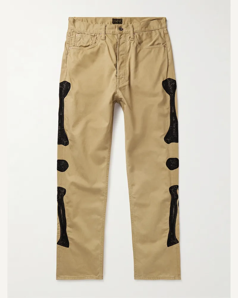 KAPITAL Okagilly Slim-Fit Crochet-Trimmed Cotton-Twill Chinos Neutrals