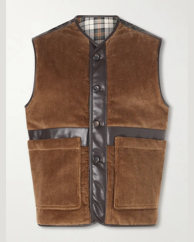 Drake's Wattierte Weste aus Baumwollcord mit Lederbesatz Braun